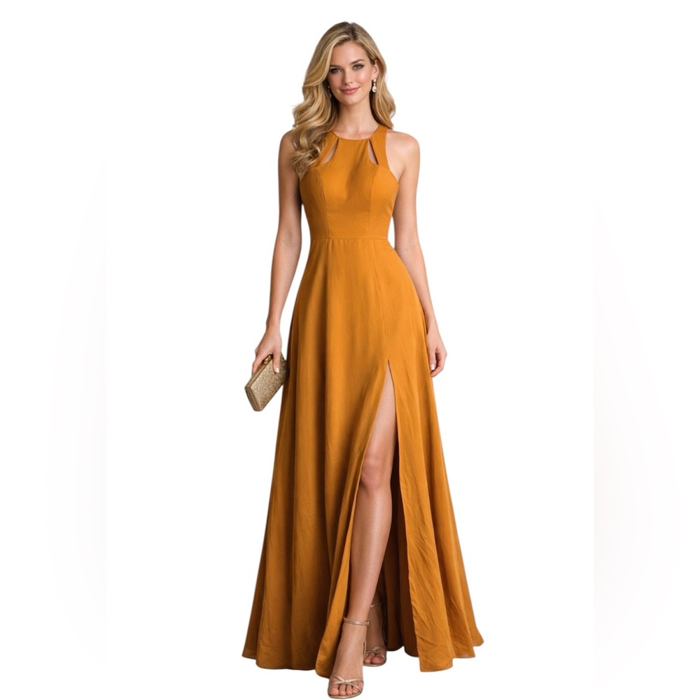 AZAZIE Kai butter scotch orange bridesmaids maxi  dress front slit 6 formal prom